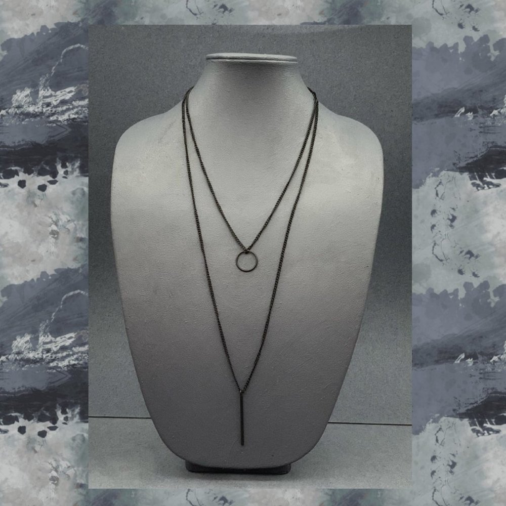 Black Double Strand Necklace Long Circle Bar Dangle